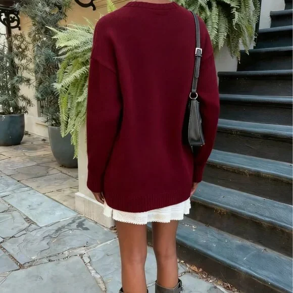 Burgundy Casual Women's Bear Pattern Knit Pullover Sweater - Picture 2 of 5